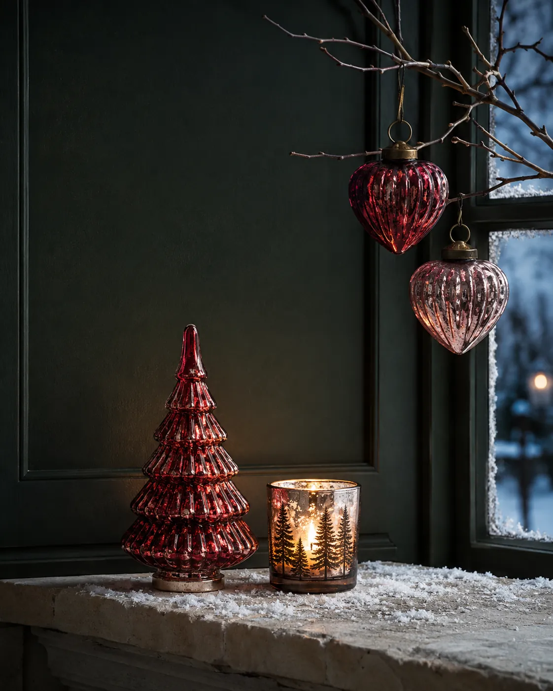 A red mercury-glass Christmas tree and a lit fir-printed votive on a snow-dusted stone ledge, with glass heart ornaments hanging from a bare branch beside a frosted window